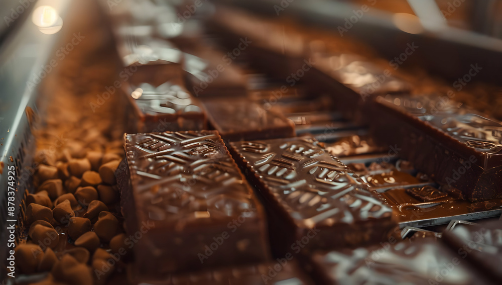 Close-up of artisanal dark chocolate bars with intricate patterns on a conveyor belt in a factory setting, surrounded by cacao beans. Close-up of artisanal dark chocolate bars with intricate patterns on a conveyor belt in a factory setting, surrounded by cacao beans.