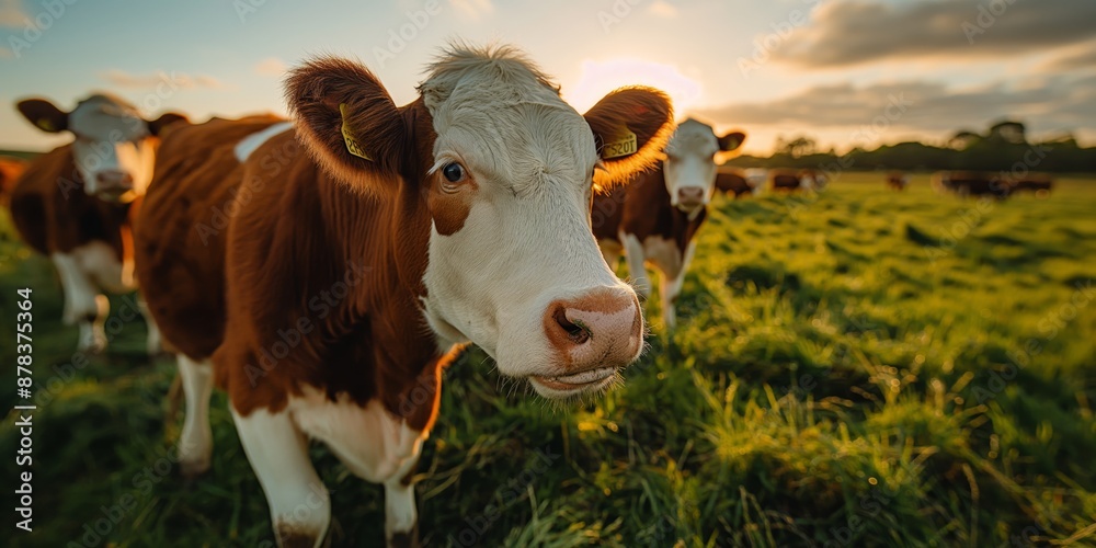 A close up Hereford cattle in rural countryside farm house with green grass A close up Hereford cattle in rural countryside farm house with green grass