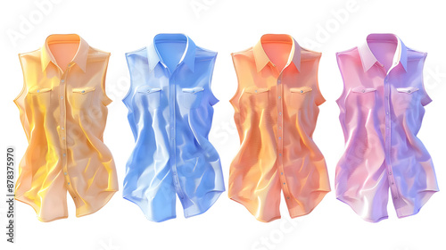 Set of Assorted patterned blouses in bright colors for stylish women isolated on transparent background.