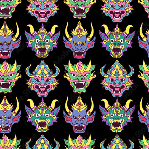Different demon masks in Asian style seamless vector pattern.