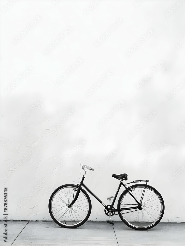 Obraz premium Minimalist black bicycle leaning against a white wall, showcasing simple yet elegant design against a clean background.