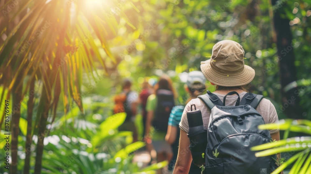 A group of people hike through a lush green forest, sunlight streaming through the canopy. The scene evokes adventure and exploration. A group of people hike through a lush green forest, sunlight streaming through the canopy. The scene evokes adventure and exploration.