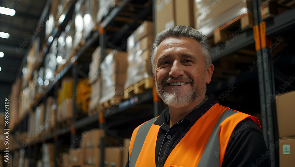 Smiling warehouse worker in an orange safety vest standing in front of shelves filled with boxes in a large storage facility.