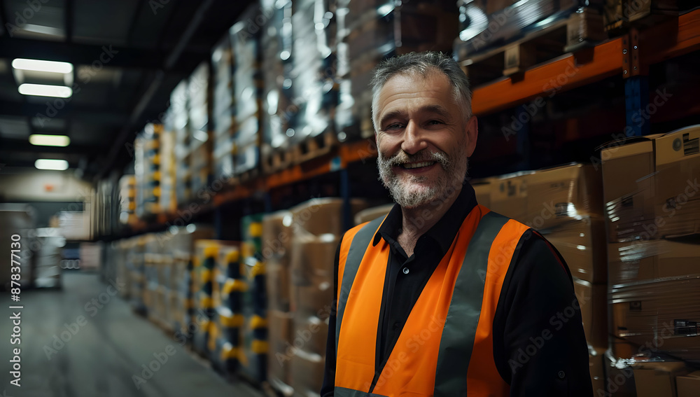 Smiling warehouse worker in high-visibility vest standing among stacked pallets in a fully stocked storage facility. Smiling warehouse worker in high-visibility vest standing among stacked pallets in a fully stocked storage facility.