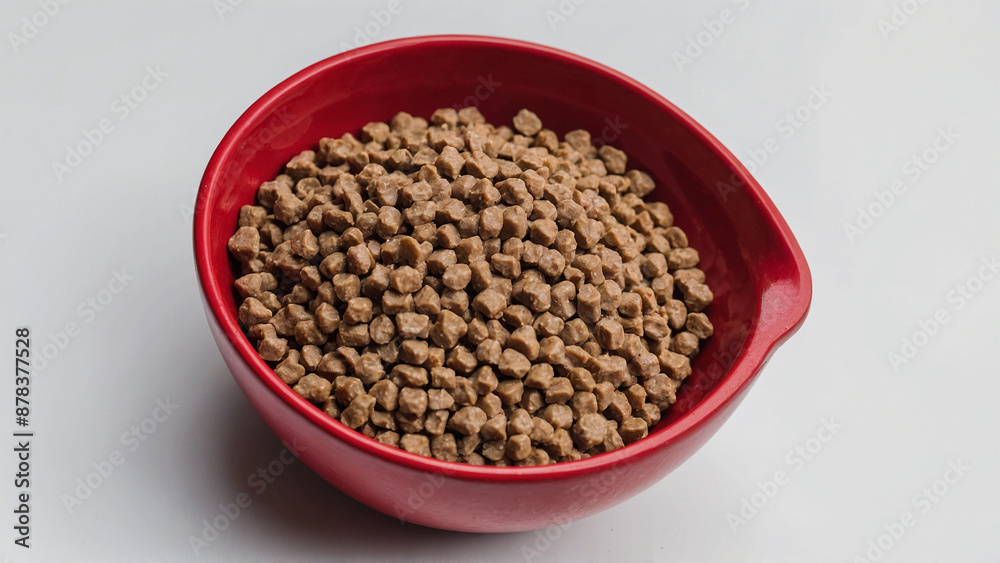 Dry cat food in a red bowl, isolated on white background Dry cat food in a red bowl, isolated on white background