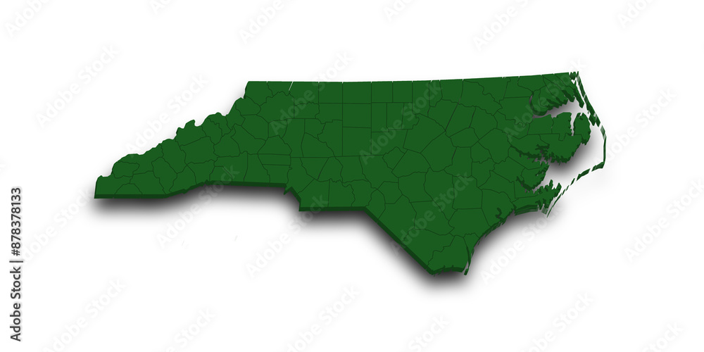 3d Map of North Carolina state with counties and color. United State of America, US, United State 3d Map of North Carolina state with counties and color. United State of America, US, United State