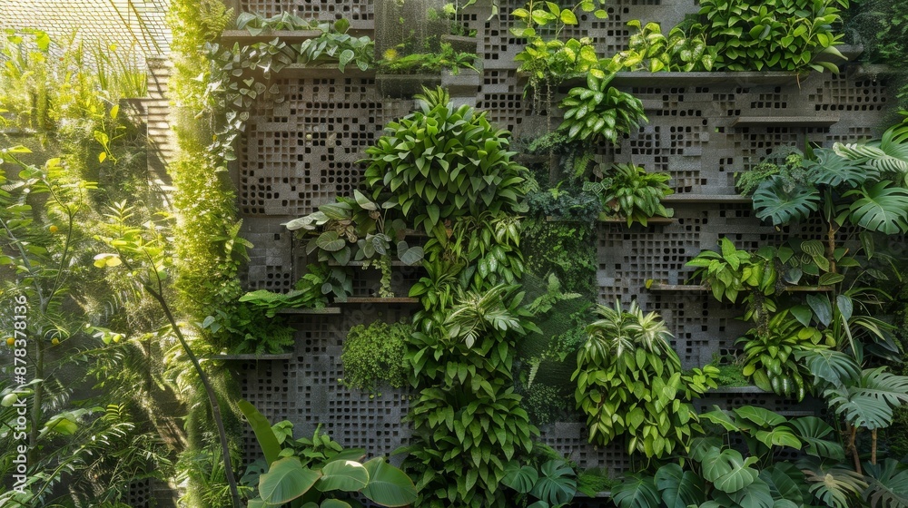 A lush green wall with various plants growing on it. Sunlight filters through the leaves, creating a dappled effect. A lush green wall with various plants growing on it. Sunlight filters through the leaves, creating a dappled effect.