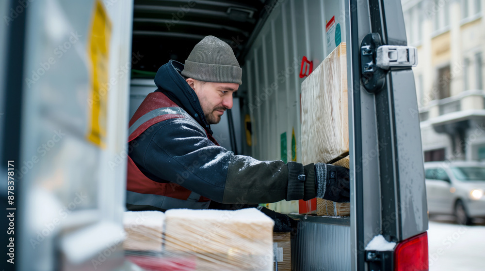 Delivery man in winter gear unloading wooden pallets from a truck on a snowy day