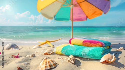 Wallpaper Mural Tropical beach scene with colorful beach umbrella, towel, and seashells on the sand, perfect for a summer holiday Torontodigital.ca