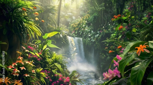 A lush, tropical rainforest with a cascading waterfall and vibrant flowers. The sunlight filters through the canopy, creating a serene and magical atmosphere.