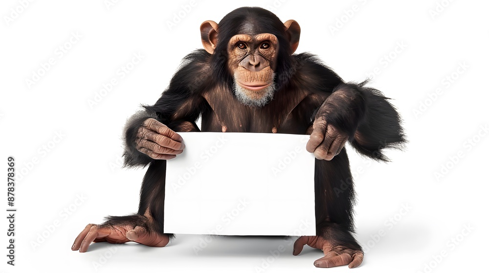 Chimpanzee Holding a Blank Sign: A clever chimpanzee sitting on the ground, holding a blank sign with both hands.realistically
Chimpanzee Holding a Blank Sign: A clever chimpanzee sitting on the ground, holding a blank sign with both hands.realistically