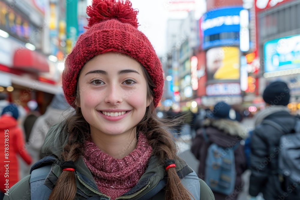 Smiling girl with a red beanie enjoying a vibrant city street, with bright signs and people in the background. Smiling girl with a red beanie enjoying a vibrant city street, with bright signs and people in the background.