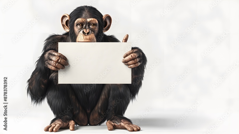 Chimpanzee Holding a Blank Sign: A clever chimpanzee sitting on the ground, holding a blank sign with both hands.realistically
Chimpanzee Holding a Blank Sign: A clever chimpanzee sitting on the ground, holding a blank sign with both hands.realistically