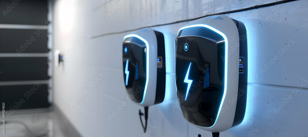 Two electric vehicle charging stations mounted on a wall in a modern ...