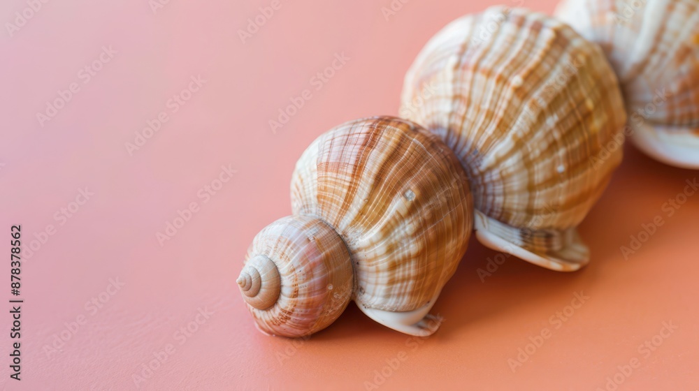 Three Brown Striped Seashells on a Pink Surface Three Brown Striped Seashells on a Pink Surface