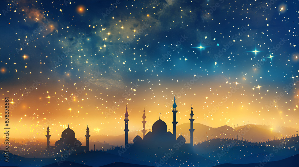 Obraz premium Starry night background over mosque silhouettes for the Islamic holiday celebration