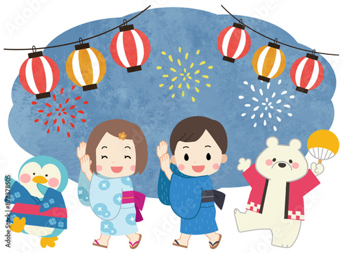 夏祭り・花火大会　浴衣を着た子供たちと白クマとペンギンのイラスト