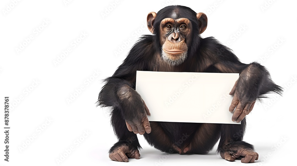 Chimpanzee Holding a Blank Sign: A clever chimpanzee sitting on the ground, holding a blank sign with both hands.realistically
