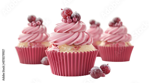 Collection of Pink cupcakes with raspberry frosting. Isolated on transparent background. photo