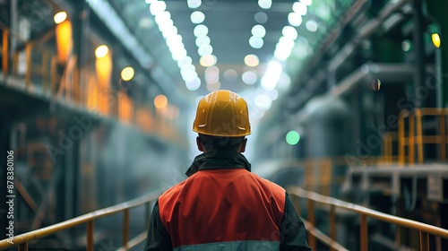 Industry worker from behind with safety jacket and helmet at industrial plant looking at the factory, Rear view worker, Back view of worker with yellow safety helmet in factory, AI generated