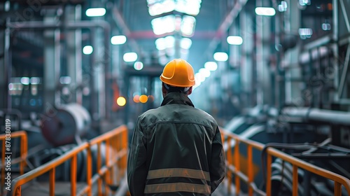 Industry worker from behind with safety jacket and helmet at industrial plant looking at the factory, Heavy industrial concept, Back view of worker with yellow safety helmet in factory, AI generated photo