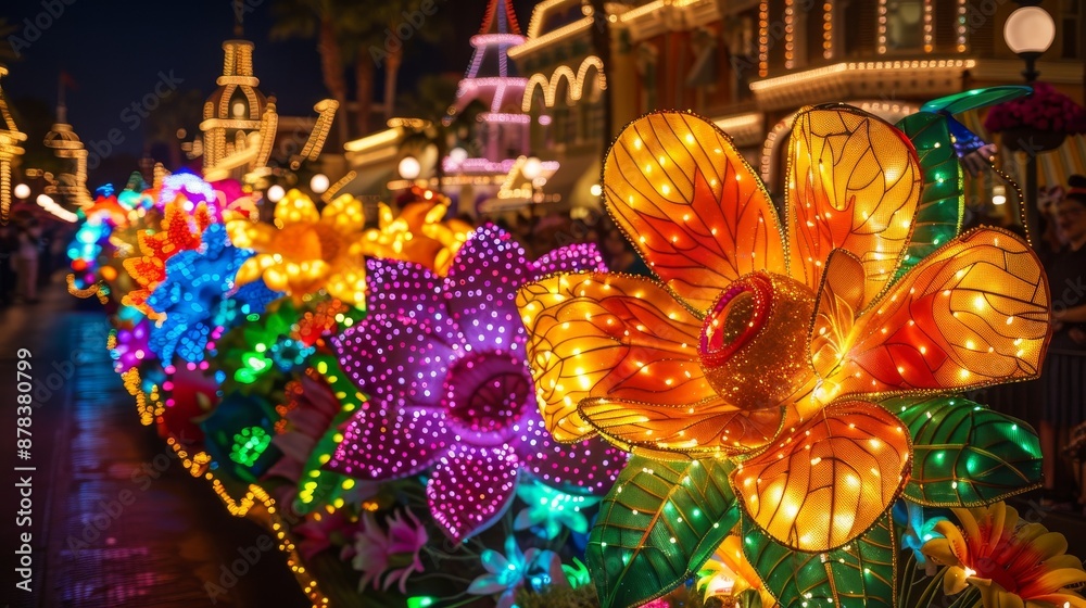 Fototapeta premium A row of colorful, illuminated flower sculptures line a street at night. The lights create a festive and magical atmosphere.