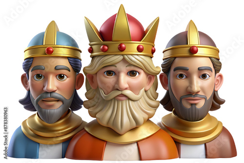 Vibrant 3D cartoon depicting The Three Wise Men on Epiphany, featuring plasticine texture, transparent background for versatile use in print and digital art photo