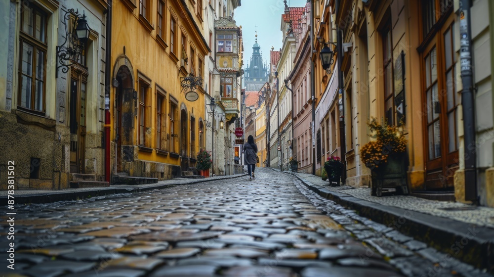 Fototapeta premium tourist walking on a cobblestone street with historic buildings on both sides generative ai
