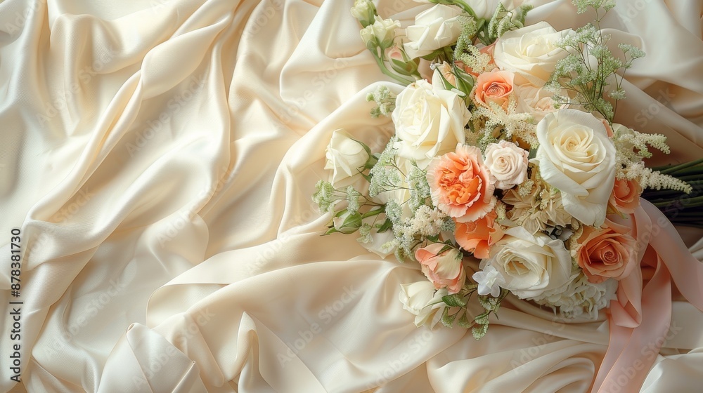 desktop, blank space for text. Features graceful ribbons and a paper-wrapped bouquet of flowers desktop, blank space for text. Features graceful ribbons and a paper-wrapped bouquet of flowers