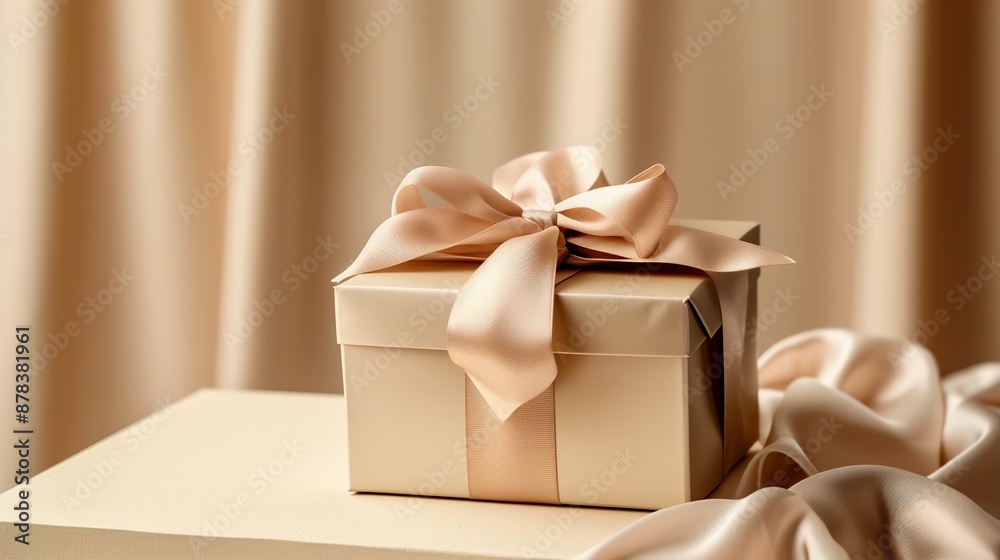 A luxurious gift box with a satin ribbon, in a beige color palette.