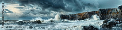 A dramatic coastal scene with stormy skies, towering waves, and rocky cliffs being pounded by the sea.