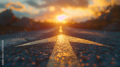 An asphalt road stretches into the distance with a painted white arrow pointing forward, symbolizing motivation, progress, and the concept of continuous growth and forward movement