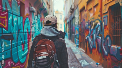 tourist in a narrow alley with colorful murals and graffiti on the walls generative ai