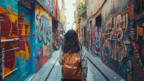 Fototapeta Naklejka Na Ścianę i Meble -  tourist in a narrow alley with colorful murals and graffiti on the walls generative ai
