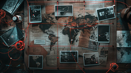 Detective Board with Fingerprints, Photos, Map, and Clues Connected by Red String: Investigative Work, Crime Scene Analysis, Mystery Solving Display