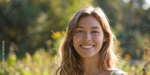 Abstract Representation of Joyful and Blissful Life: Stunning Outdoor Portrait of a Confident and Beautiful Smiling Young Woman in a Field, Embracing Nature, AI-Generated High-Resolution Wallpaper. © Da