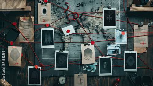 Detective Board with Fingerprints, Photos, Map, and Clues Connected by Red String: Investigative Work, Crime Scene Analysis, Mystery Solving Display
