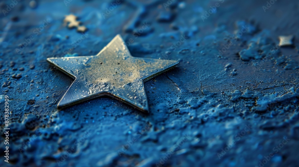 A single silver star sits on a textured blue surface. The star is slightly tilted and the blue surface is uneven, creating a sense of depth and texture. A single silver star sits on a textured blue surface. The star is slightly tilted and the blue surface is uneven, creating a sense of depth and texture.