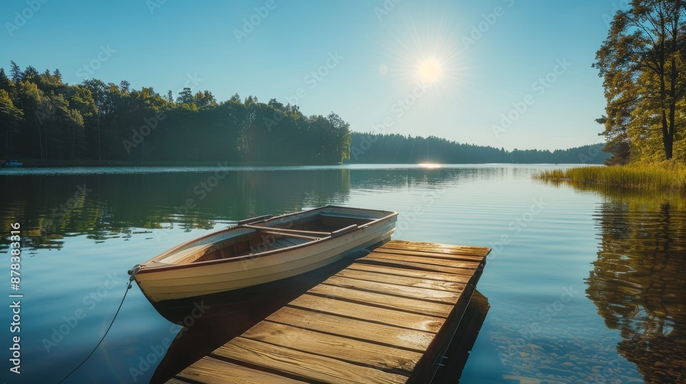 Fototapeta premium A small boat tied to a wooden dock on a calm lake. The sun shines brightly in the clear blue sky. Tranquil and peaceful nature scene.
