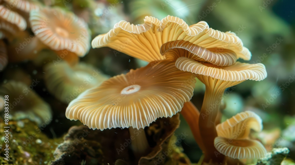 Group Of Light Brown Mushrooms Growing In A Forest Group Of Light Brown Mushrooms Growing In A Forest