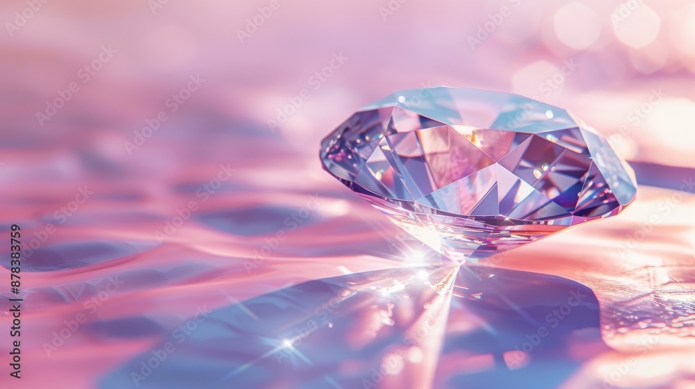 A sparkling diamond on a pink and iridescent surface, reflecting light. A sparkling diamond on a pink and iridescent surface, reflecting light.