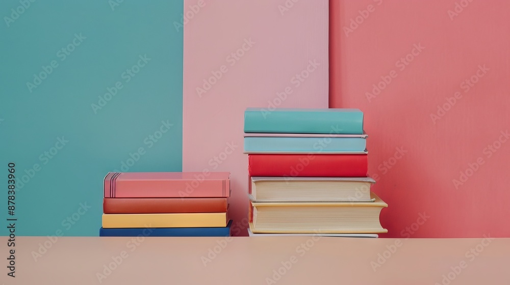 Fototapeta premium A stack of colorful books against a blue, pink and red background.