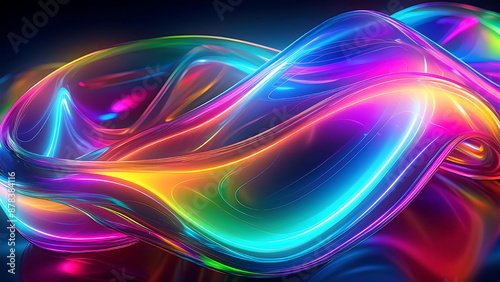 Abstract 3D rendering of a glowing neon light wave or ribbon. Vibrant colorful holographic design with abstract forms and textures.