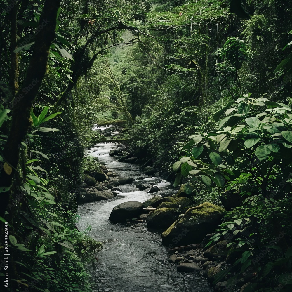 A tranquil stream flows through a lush, green jungle, sunlight filtering through the dense canopy. A tranquil stream flows through a lush, green jungle, sunlight filtering through the dense canopy.