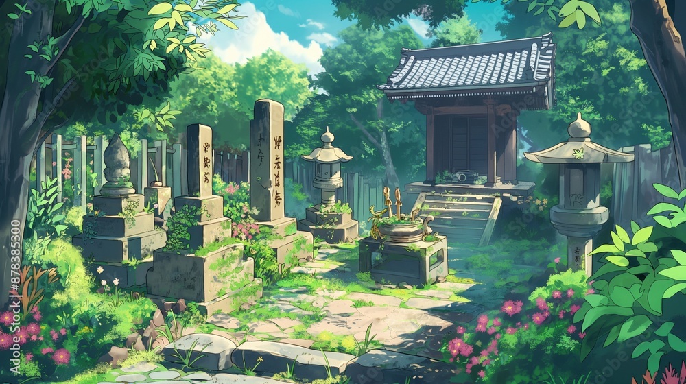 A peaceful garden with a small shrine and a few stone tombs, anime background A peaceful garden with a small shrine and a few stone tombs, anime background