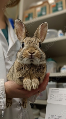 Someone holding a rabbit in their hand in a lab, Animal background, veterinarian clinic