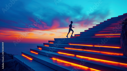 Wallpaper Mural Silhouette of a man running up illuminated steps at twilight with a vibrant sunset sky above the ocean. Torontodigital.ca