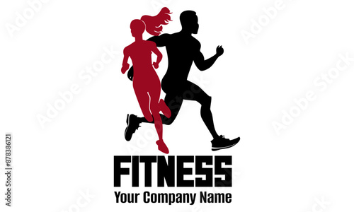Fitness logo with running woman and man Silhouette isolated on white vector illustration