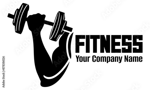 Powerful bicep lifting heavy dumbbell logo Silhouette isolated on white vector illustration