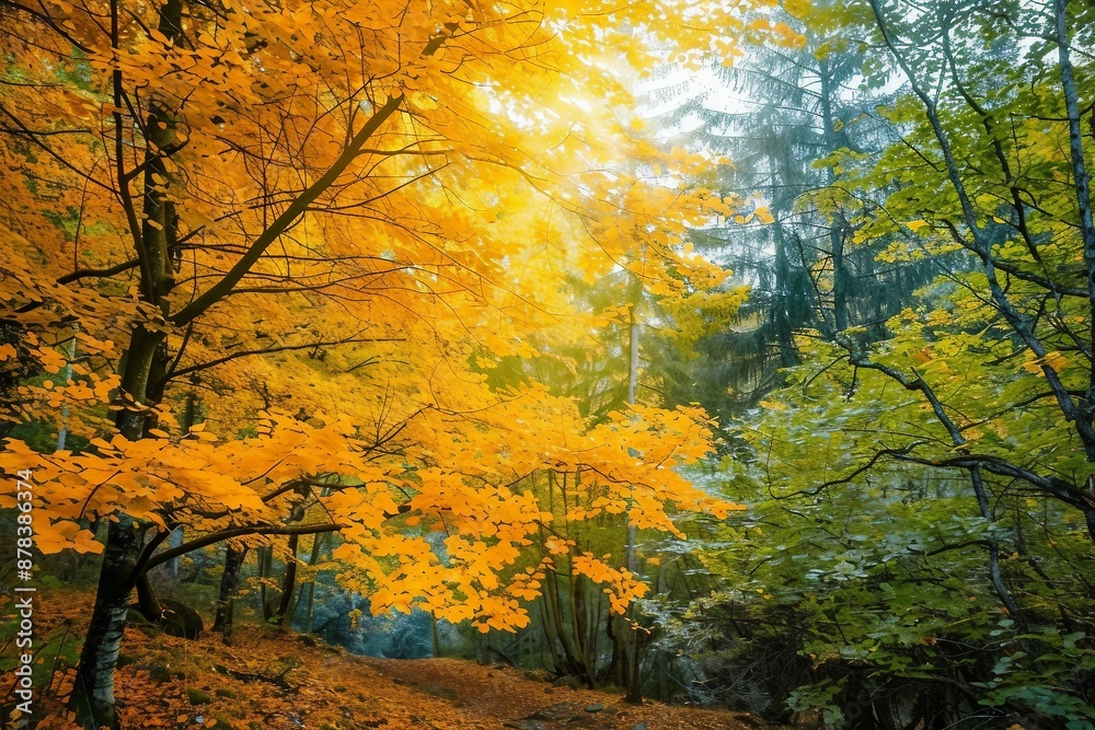 Amazing two colors of autumn season in wild forest, yellow and green leaves on trees Amazing two colors of autumn season in wild forest, yellow and green leaves on trees